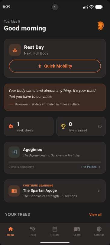 Agoge history calendar with full body session breakdown