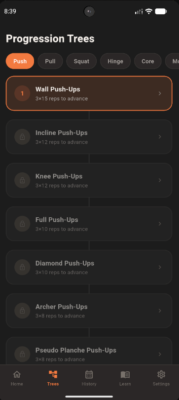 Agoge home screen with rest day, week streak, and progression trees