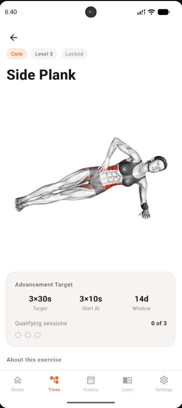 Agoge progression trees screen showing push-up progression